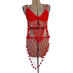 2 piece handmade red crochet swimsuit cover-up
